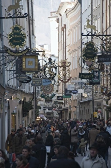Images Dated 16th February 2008: Signs in Getreidegasse the main shopping streeet, Salzburg, Austria, Austria
