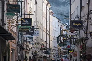 Images Dated 16th February 2008: Signs in Getreidegasse, the main shopping street, Salzburg, Austria, Europe