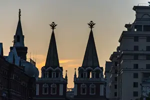 Red Square Prints: Silhouette of the History Museum and Resurrection Gate on Red Square at sunset