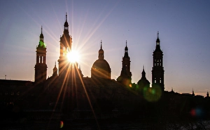 Aragon Prints: Silhouette sunset of Basilica of Our Lady of the Pillar and the River Ebro