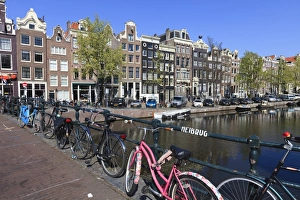 Bicycles Prints: Singel Canal, Amsterdam, Netherlands, Europe