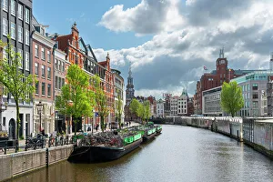 Urban Exploration Prints: Singel canal with Munttoren tower in the background, Amsterdam, The Netherlands, Europe