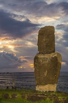 Art And Craft Prints: A single moai at Fishermans Harbor in the town of Hanga Roa
