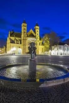 Traditionally Dutch Prints: Sint Servsbasiliek (Basilica of Saint Servatius) on Vrijthof square at dusk, Mstricht