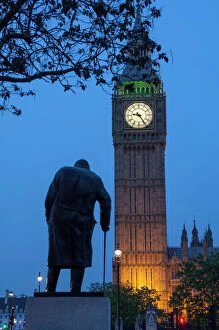 London Gallery: Sir Winston Churchill statue and Big Ben, Parliament Square, Westminster, London