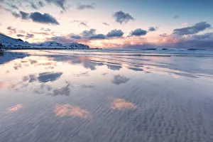 Flakstad Prints: Skagsanden Beach at sunset, Flakstad municipality, Lofoten Islands, Nordland, Norway
