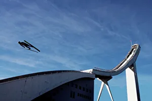 Sport Prints: Ski jumper, blue sky and ski jump, Oslo, Norway, Scandinavia, Europe