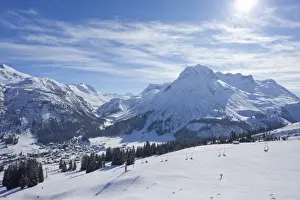 Sport Prints: Ski slopes above Lech near St. Anton am Arlberg in winter snow, Austrian Alps