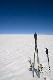 Skis stored vertically on inland icecap, Greenland, Polar Regions