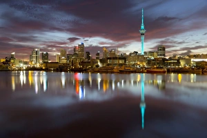 Auckland Prints: Sky Tower and city at dawn from Westhaven Marina