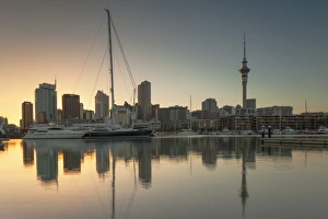 Auckland Prints: Sky Tower and Viaduct Harbour at dawn, Auckland, North Island, New Zealand, Pacific