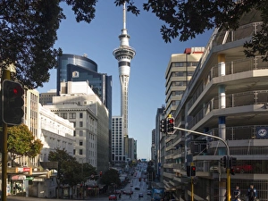 Auckland Prints: Sky Tower from Victoria Street East, Auckland, North Island, New Zealand, Pacific