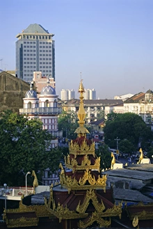 Sule Paya Prints: Skyline of central area and Sule Paya (Sule pagoda), Yangon (Rangoon), Myanmar (Burma)