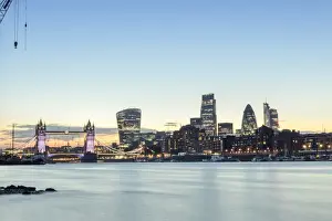 122 Leadenhall Street Prints: Skyline of the City of London and Tower Bridge at twilight shot from Bermondsey, London