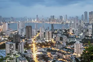 Skyscrapers Prints: Skyline of downtown Cartagena city showing modern apartment blocks in the Bocagrande neighbourhood