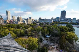 Samurai Prints: Skyline of Hiroshima with the area of the castle Park in the Foreground