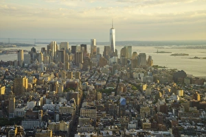Skyline looking south towards Lower Manhattan at sunset, One World Trade Center in view, Manhattan, New York City, New York, United States of America, North America