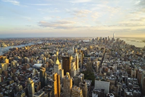 Skyline looking south towards Lower Manhattan at sunset, One World Trade Center in view, Manhattan, New York City, New York, United States of America, North America