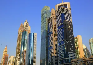 Facades Prints: Skyline of modern buildings in central Dubai showcasing diverse architecture and urban development