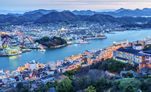 Drone Point Of View Prints: Skyline of Onomichi during blue hour, Onomichi, Honshu, Japan, Asia