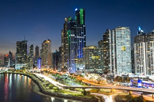 Panama Prints: The skyline of Panama City at night, Panama City, Panama, Central America