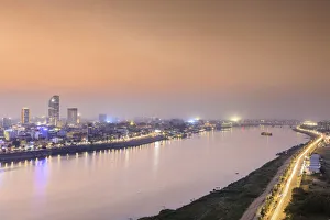 Light Trail Prints: Skyline, Phnom Penh, Cambodia, Indochina, Southeast Asia, Asia