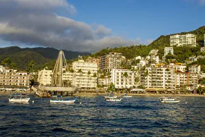 Traditionally Mexican Prints: Skyline and Playa Los Muertos beach, Puerto Vallarta, Jalisco, Mexico, North America