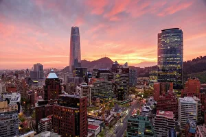Glass Prints: Skyline of Santiago with the Gran Torre, Santiago, Chile, South America
