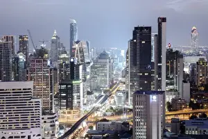 Typically Thai Prints: Skyline showing the Skytrain and city centre around Sukhumvit Road and Chit Lom, Bangkok