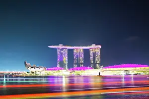 Restaurants Prints: Skyline of Singapore Marina Bay at night with Marina Bay Sands