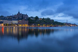 Stockholm Prints: Skyline of Sodermalm at dusk reflection in water, Stockholm, Sweden, Scandinavia, Europe