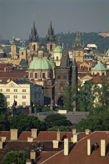Tyn Church Prints: Skyline of the Stare Mesto district including Tyn Church, Charles Bridge