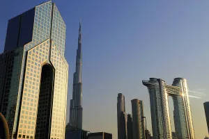 Glass Prints: Skyline view of modern buildings in Central Dubai showcasing architectural design