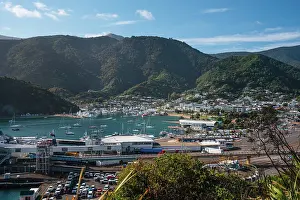 Vehicles Prints: Skyline view of Picton harbor and hills with boats in the water on a clear day in New Zealand