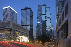 Tail Light Prints: Skyscrapers of Admiralty at dusk, Hong Kong Island, Hong Kong, China, Asia