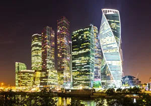 Skyscrapers in business center of Presnensky District, beside the Moscow River at night