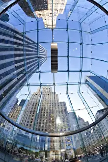 Ceilings Prints: Skyscrapers of Fifth Avenue viewed from below through a glass roofed ceiling