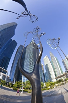 Financial Centre Prints: Skyscrapers of the Financial Centre and modern sculptures, Singapore, Southeast Asia, Asia