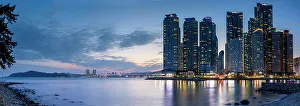 Korean Prints: Skyscrapers of Marine City and Gwangan Bridge at dusk, Busan, South Korea, Asia