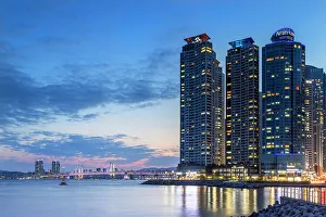 City Lights Prints: Skyscrapers of Marine City and Gwangan Bridge at dusk, Busan, South Korea, Asia