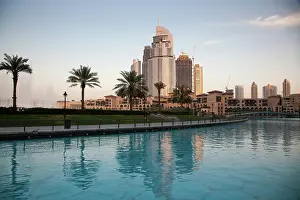 Arabia Prints: Skyscrapers skyline of Old Town Island around the Burj Khalifa Lake near Dubai Mall in Dubai Downtown