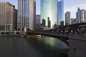 Skyscrapers on West Wacker Drive and the Chicago River by the Franklyn Street Bridge