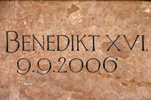 Images Dated 28th August 2000: Slab commemorating Pope Benedict XVIs visit to Marienplatz, Munich, Bavaria, Germany