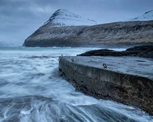 Slipway Prints: Slipway and mountain at dawn, Gjogv, Eysturoy Island, Faroe Islands, Denmark, Europe
