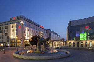 Slovakia Prints: Slovak National Theatre and Sheraton Hotel at dusk, Bratislava, Slovakia, Europe