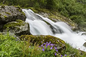 Nordfjord Prints: Slow shutter speed silky water of the Olden River as it flows along Briksdalen