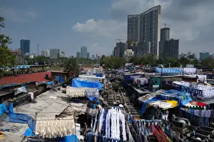 Mumbai Prints: Slum washing ghats surrounded by expensive residential developments, Mumbai (Bombay)