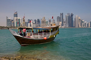 Doha Prints: Small boat and City Centre skyline, Doha, Qatar, Middle East
