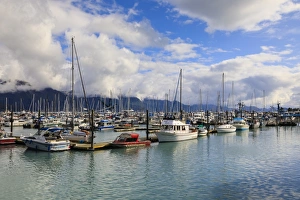 Fishing Industry Prints: Small Boat Harbour, small boats and mountains, Seward, Resurrection Bay, Kenai Peninsula