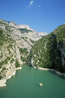 Verdon Prints: Small boat on the River Verdon in the Grand Canyon of the Verdon, Alpes-de-Haute-Provence